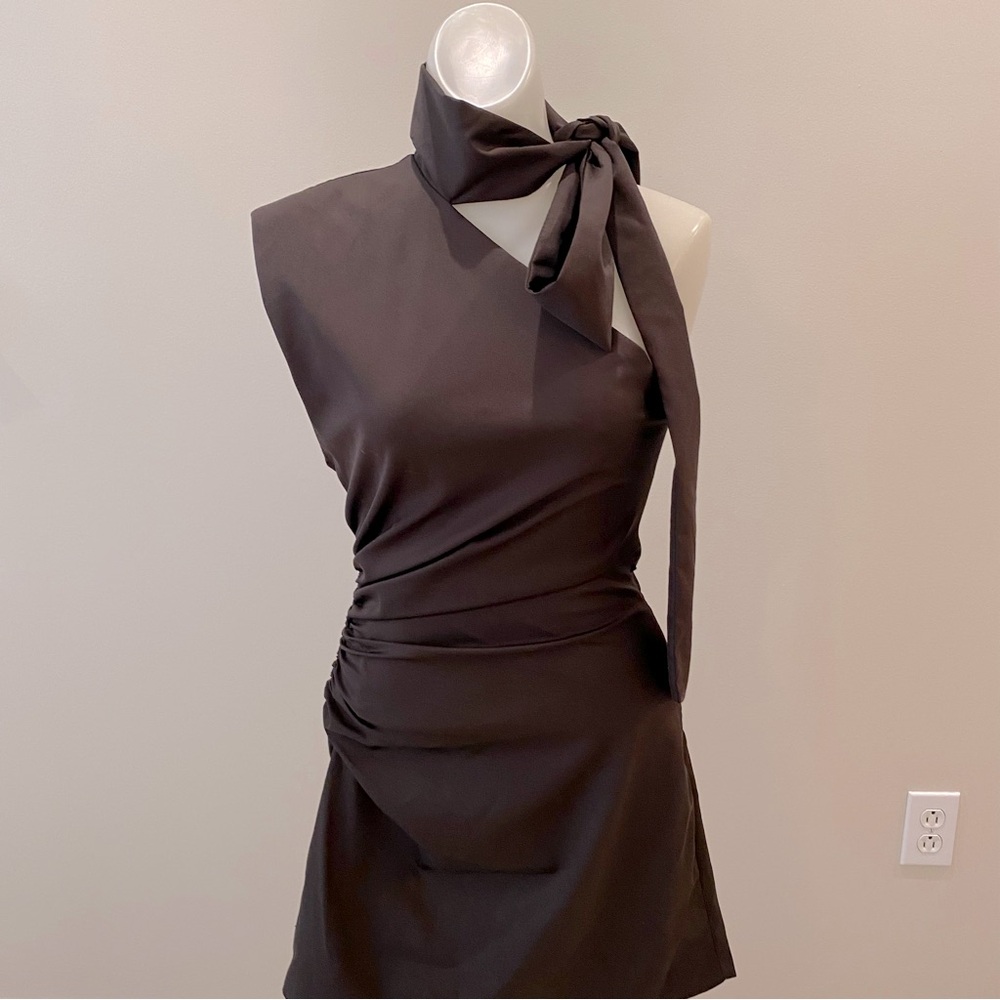 Zara NWT One-Shoulder Chocolate brown Ruched mini Dress with Tie neck size small